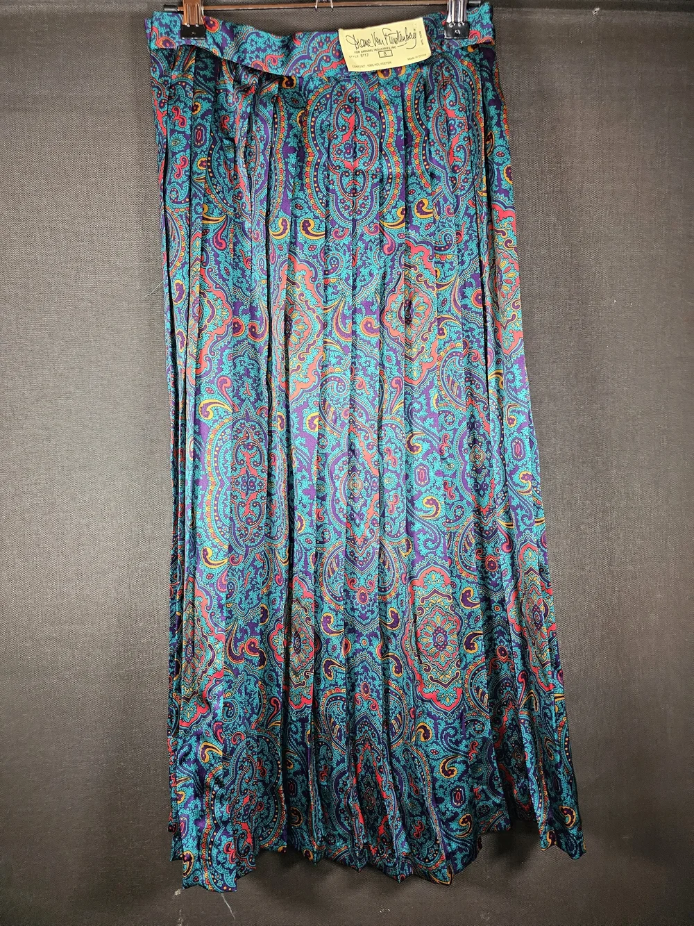 RARE VINTAGE NWT! Diane Von Furstenberg Teal Paisley Pleated Maxi Skirt